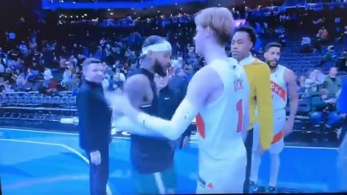 Jakob Pöltl, Gradey Dick, Scottie Barnes, Garrett Temple, and some members of the Raptors coaching staff caught up with former teammate Gary Trent Jr.