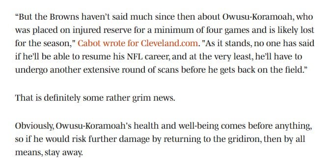 Lost in all this embarrassing Browns run, MKC reported that JOK has an uphill battle to return to playing football in general again and that really worries me