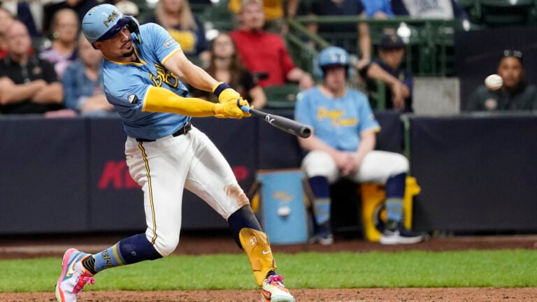 Milwaukee Brewers' Willy Adames hits an RBI-double during the eighth inning of a baseball game against the Arizona Diamondbacks, Sunday, Sept. 22, 2024, in Milwaukee.