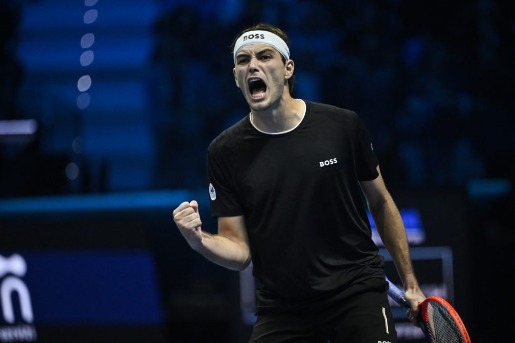 Taylor Fritz of the United States celebrates a victory against Alexander Zverev of Germany in their Semi Finals Men's Single's Nitto ATP match duri...