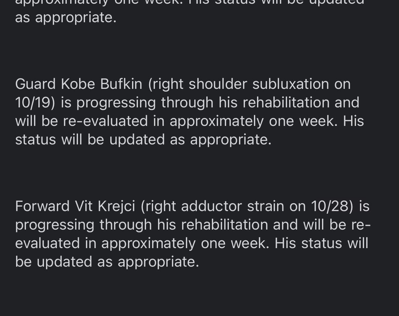 Vit wasn’t cleared to play after his evaluation yesterday and will be re-evaluated in 1 week.  Bogi and Kobe had their initial re-evaluation date pushed up 1 week and will now be re-evaluated next week along with Vit, per Brad Rowland