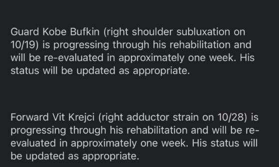 Vit wasn’t cleared to play after his evaluation yesterday and will be re-evaluated in 1 week.  Bogi and Kobe had their initial re-evaluation date pushed up 1 week and will now be re-evaluated next week along with Vit, per Brad Rowland