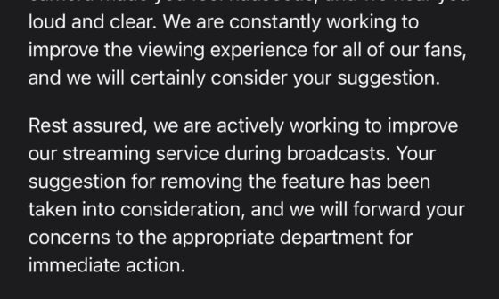 FanDuel did at least respond to me when I submitted feedback saying the overhead camera made me “nauseous”: