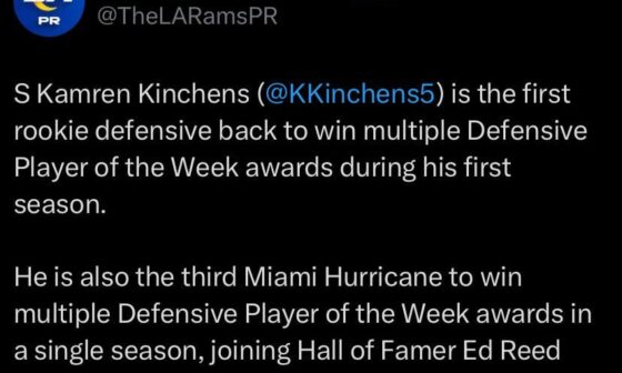 S Kamren Kinchens is the first rookie defensive back to win multiple Defensive Player of the Week awards during his first season