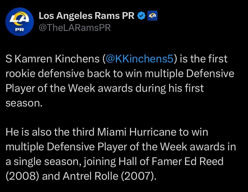 S Kamren Kinchens is the first rookie defensive back to win multiple Defensive Player of the Week awards during his first season