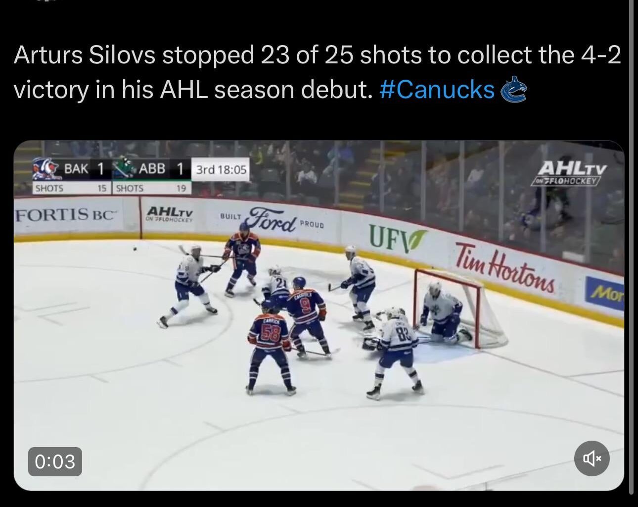 Silovs stopped 23 of 25 shots in Abbotsford tonight