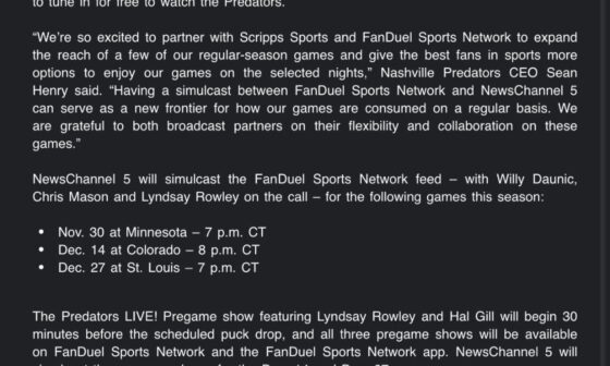 "The Preds announce that three road games between now and new years will be aired on Newschannel 5 in Nashville (local CBS station) in addition to their usual home on FanDuel Sports Network. Great news for Preds TV 👍"