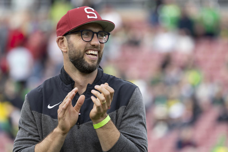 PALO ALTO, CA - SEPTEMBER 30:  Former Stanford and NFL quarterback Andrew Luck is inducted into the Stanford Athletics Hall of Fame at halftime of a Pac-12 NCAA college football game between the Stanford Cardinal and the Oregon Ducks on September 30, 2023 at Stanford Stadium in Palo Alto, California.  (Photo by David Madison/Getty Images)