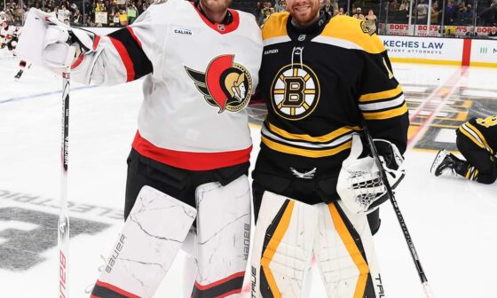 Long live the goalie hug 🥹 Today, we welcome Linus Ullmark back to Boston 🖤💛 Boston Bruins