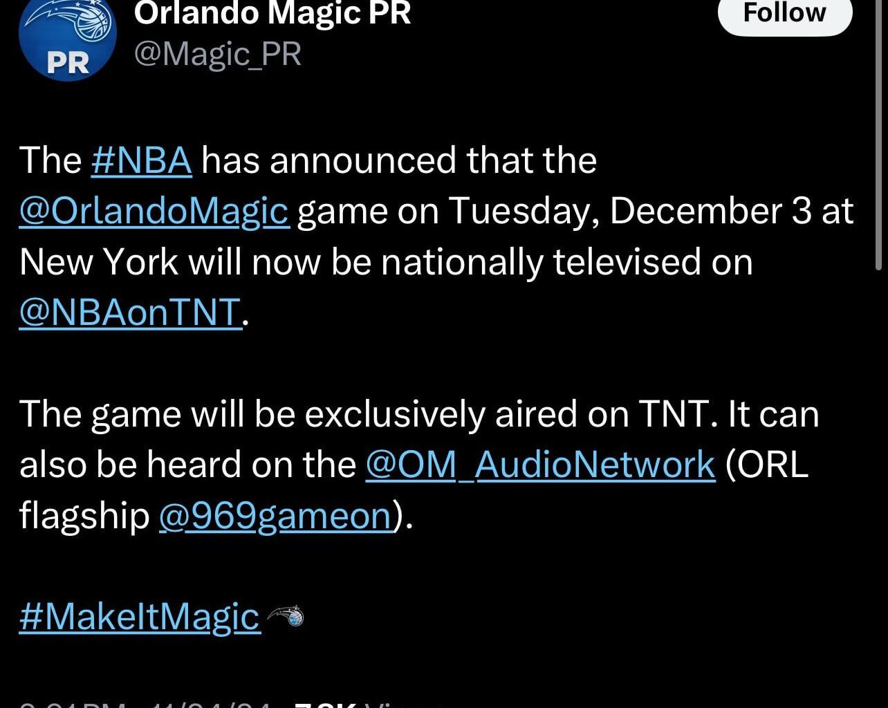 NBA reverses course. Magic @ Knicks on Dec. 3 will again, be televised on TNT.