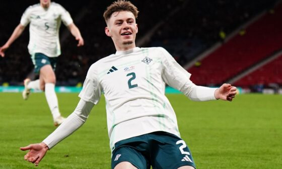 Northern Ireland's Conor Bradley celebrates scoring