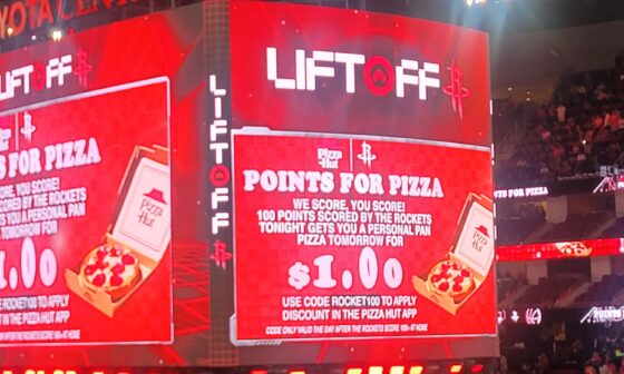 This is for the ppl who didn't attend the game last night; head to Pizza Hut to get a personal pan pizza for $1 when you download the app & use code ROCKET100 since the Rockets scored over 100 points; YOU'RE WELCOME!!!!!