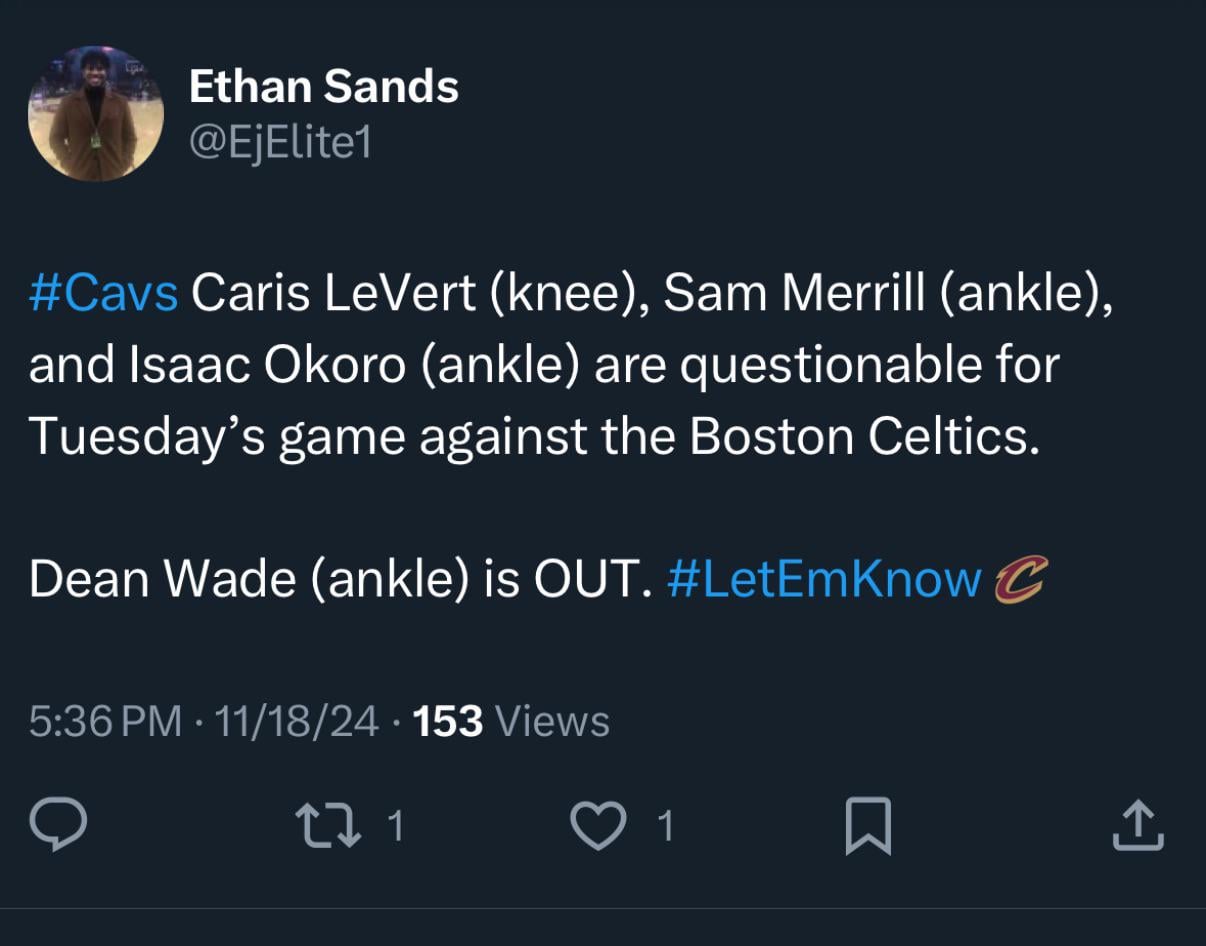 Caris, Sam and Isaac are all questionable tomorrow against Celtics - Dean is out