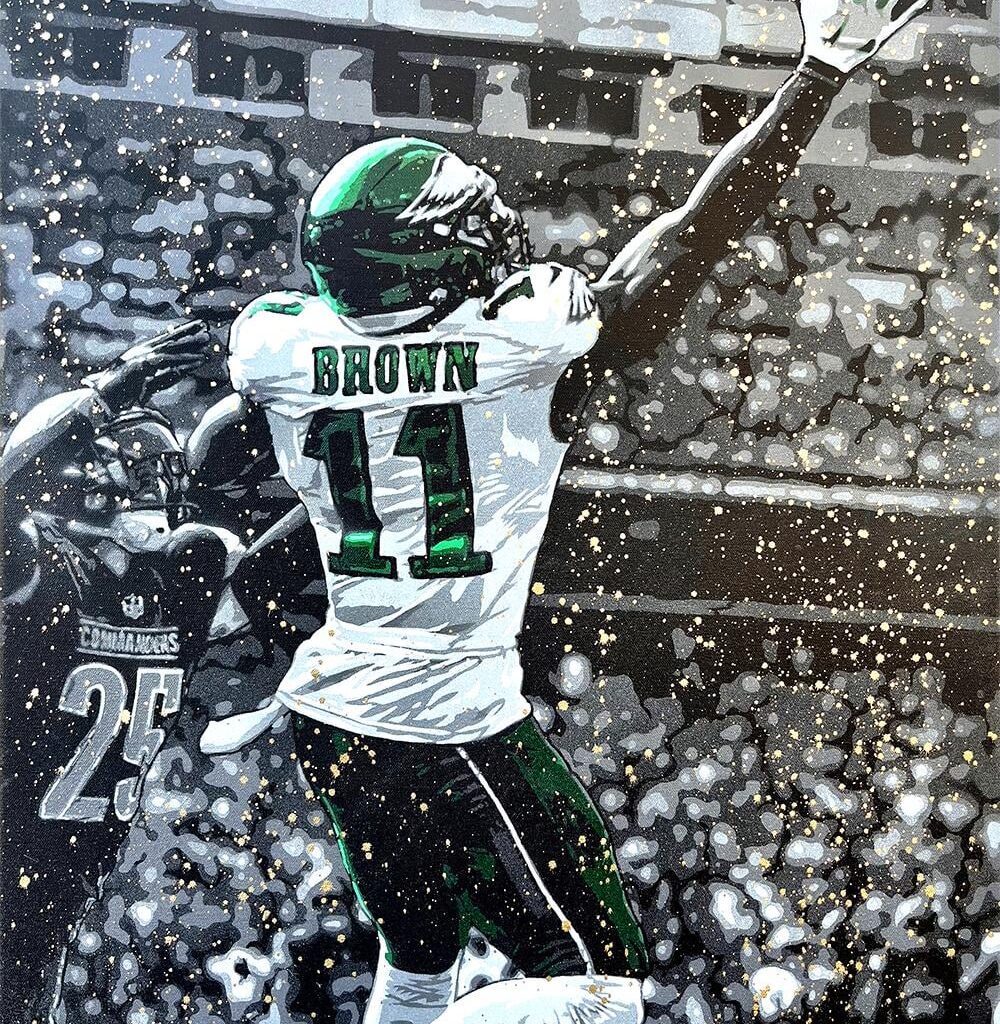 A fun painting I got to do recently of AJ Brown. It was created using spray paint and layers of stencils that I cut by hand. "Always Open" - 24 x 30 inches, on canvas.