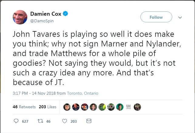 7-1 without Auston Matthews. Thought it was appropriate to bring out this good ol’ Damien tweet