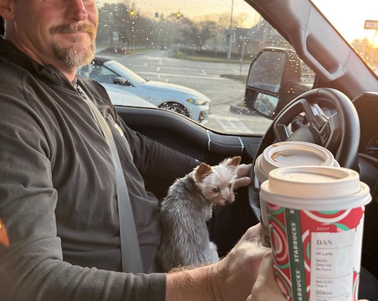 HC Dan Campbell and wife enjoy a victory Monday morning coffee