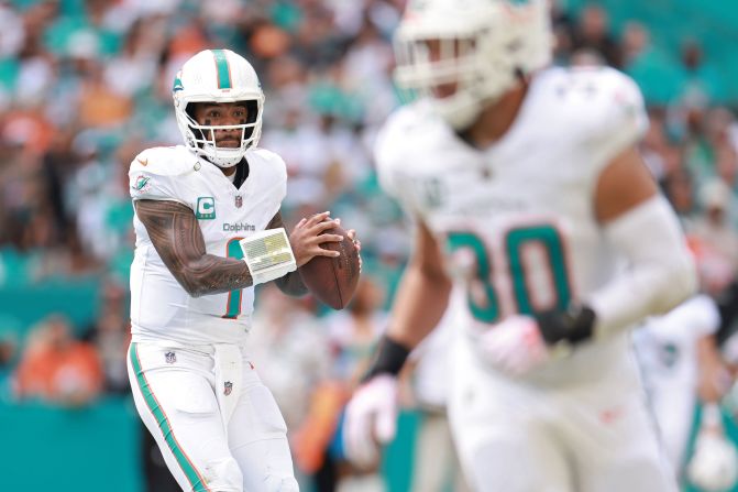 Miami Dolphins quarterback Tua Tagovailoa attempts a pass in the first quarter against the Arizona Cardinals at Hard Rock Stadium in Miami on October 27. The Dolphins lost 28-27.