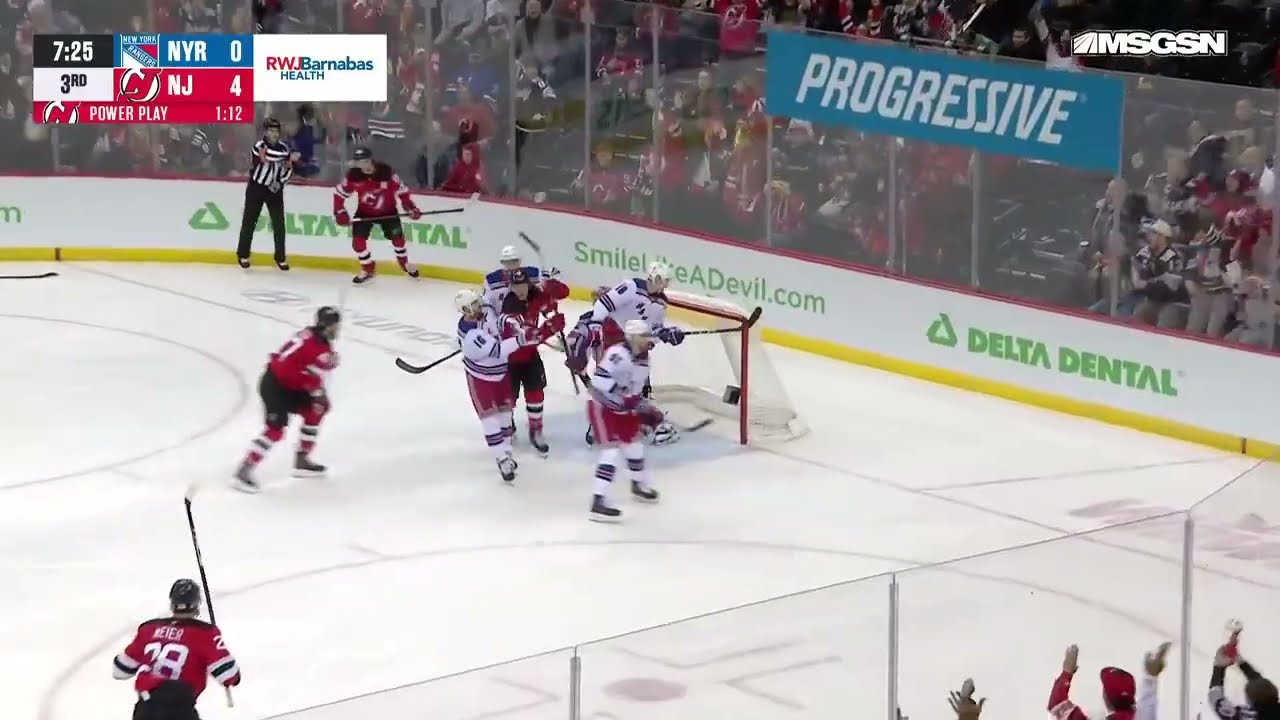 Dawson Mercer scores a powerplay goal against the New York Rangers