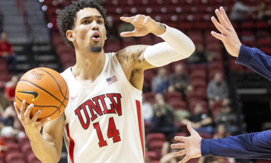 UNLV guard Jailen Bedford (14) directs his teammates during the college basketball game against ...