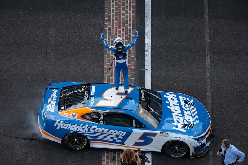 2024 Cup Indianapolis Kyle Larson celebrates (Credit: James Gilbert/Getty Images via NASCAR Media)