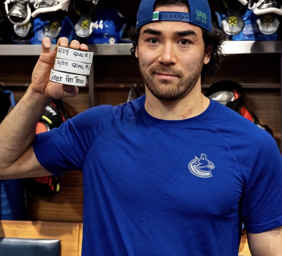 Kiefer Sherwood’s first career NHL Hat Trick Pucks