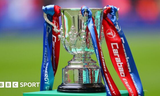 Carabao Cup on a plinth before the 2023-24 final between Liverpool and Chelsea at Wembley