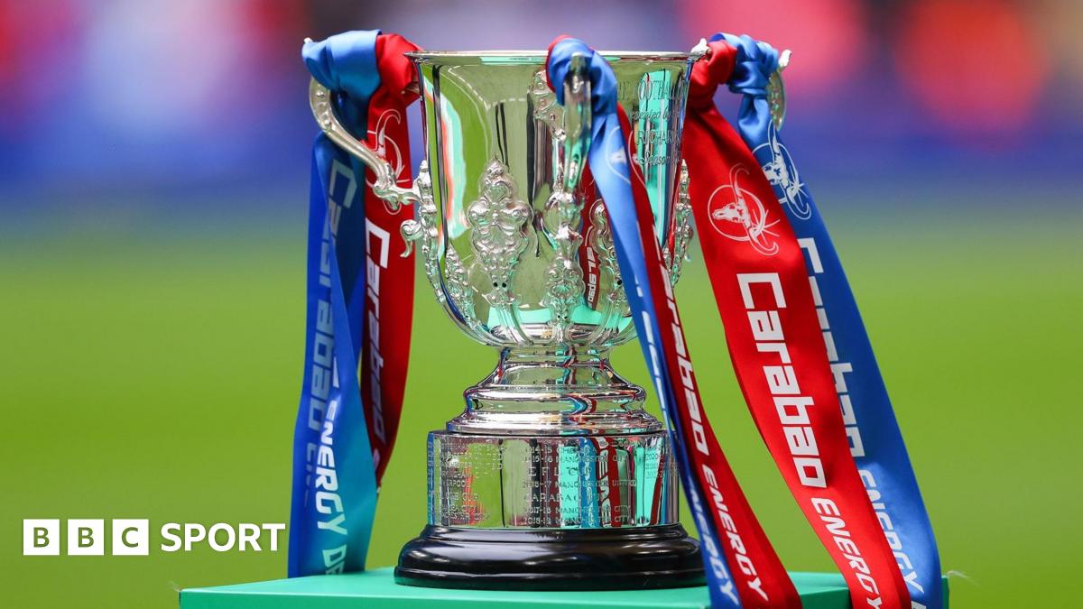 Carabao Cup on a plinth before the 2023-24 final between Liverpool and Chelsea at Wembley