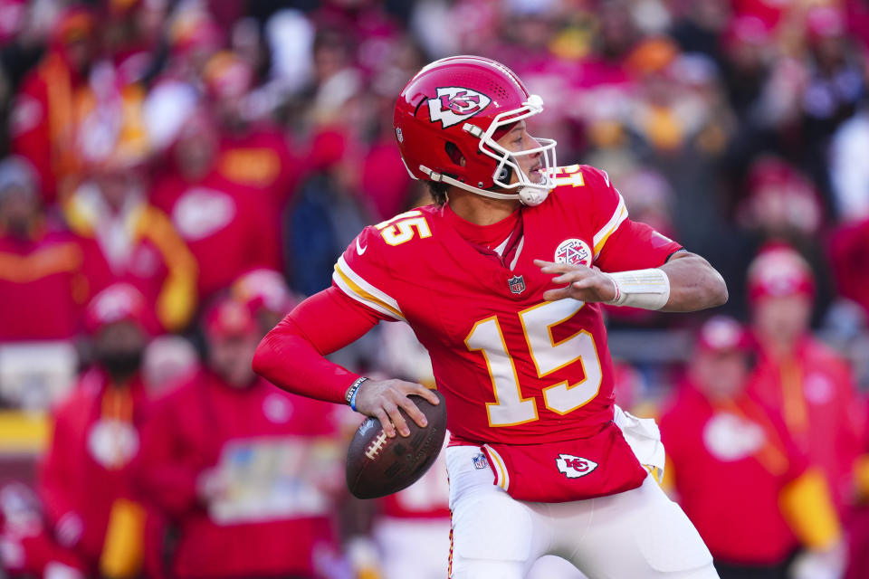 KANSAS CITY, MO - NOVEMBER 29: Patrick Mahomes #15 of the Kansas City Chiefs throws the ball during an NFL football game against the Las Vegas Raiders at GEHA Field at Arrowhead Stadium on November 29, 2024 in Kansas City, Missouri. (Photo by Cooper Neill/Getty Images)