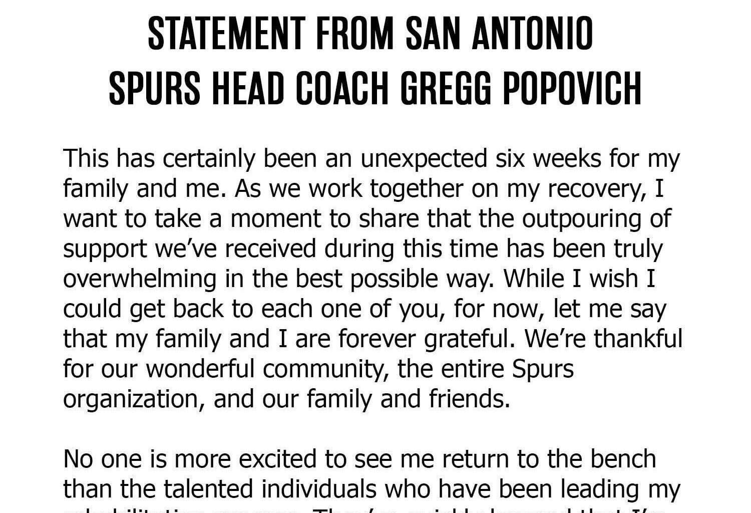 Statement from Coach Gregg Popovich