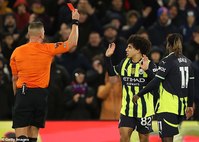 20-year-old Rico Lewis received the first red card of his young career against Crystal Palace