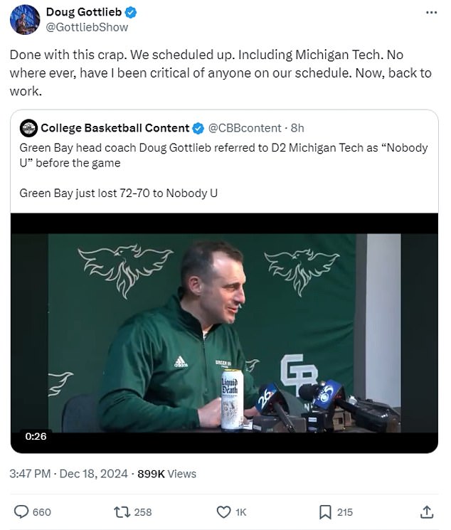 Gottlieb then bizarrely responded, saying he wasn't critical of any teams on his schedule - but did so while quote tweeting a video of him sounding critical of a team on his schedule