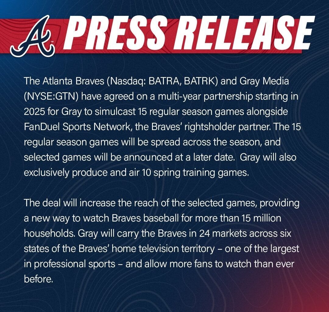 [Atlanta Braves] Atlanta #Braves Partner with Gray Media to Simulcast 15 Regular Season Games: