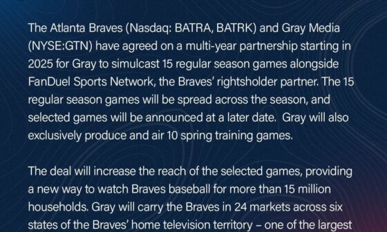 [Atlanta Braves] Atlanta #Braves Partner with Gray Media to Simulcast 15 Regular Season Games: