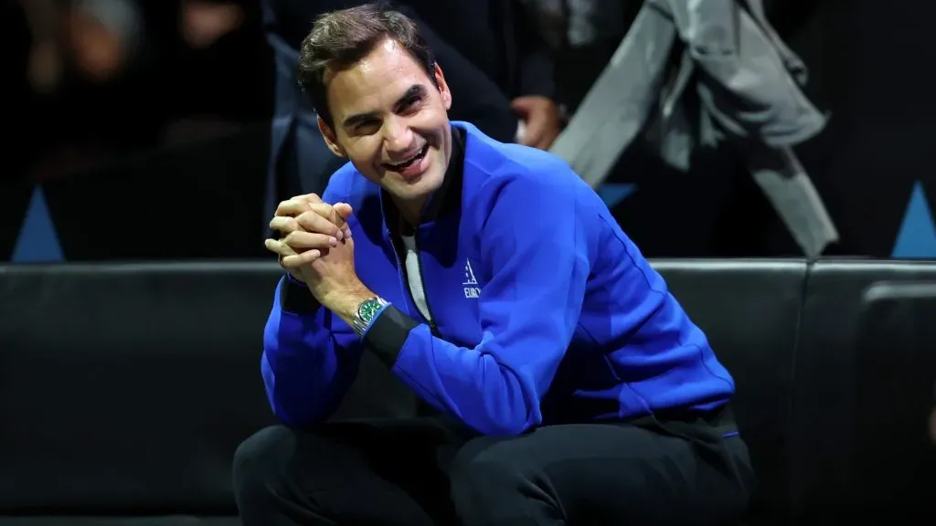 Roger Federer of Team Europe smiles during Day Two of the Laver Cup at The O2 Arena on September 24, 2022. (Source: Julian Finney/Getty Images for Laver Cup)