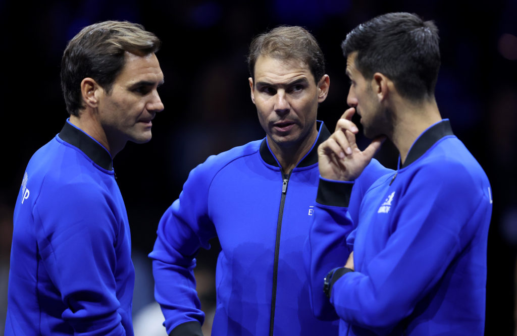 Roger Federer, Rafael Nadal and Novak Djokovic of Team Europe talk on centre court during Day One of the Laver Cup at The O2 Arena on September 23,...