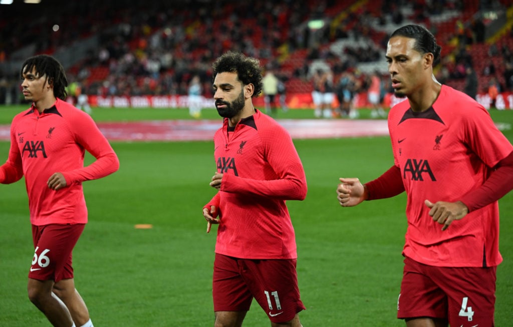 (THE SUN OUT,THE SUN ON SUNDAY OUT ) Trent Alexander-Arnold of Liverpool and Virgil van Dijk of Liverpool with Mohamed Salah of Liverpool before th...