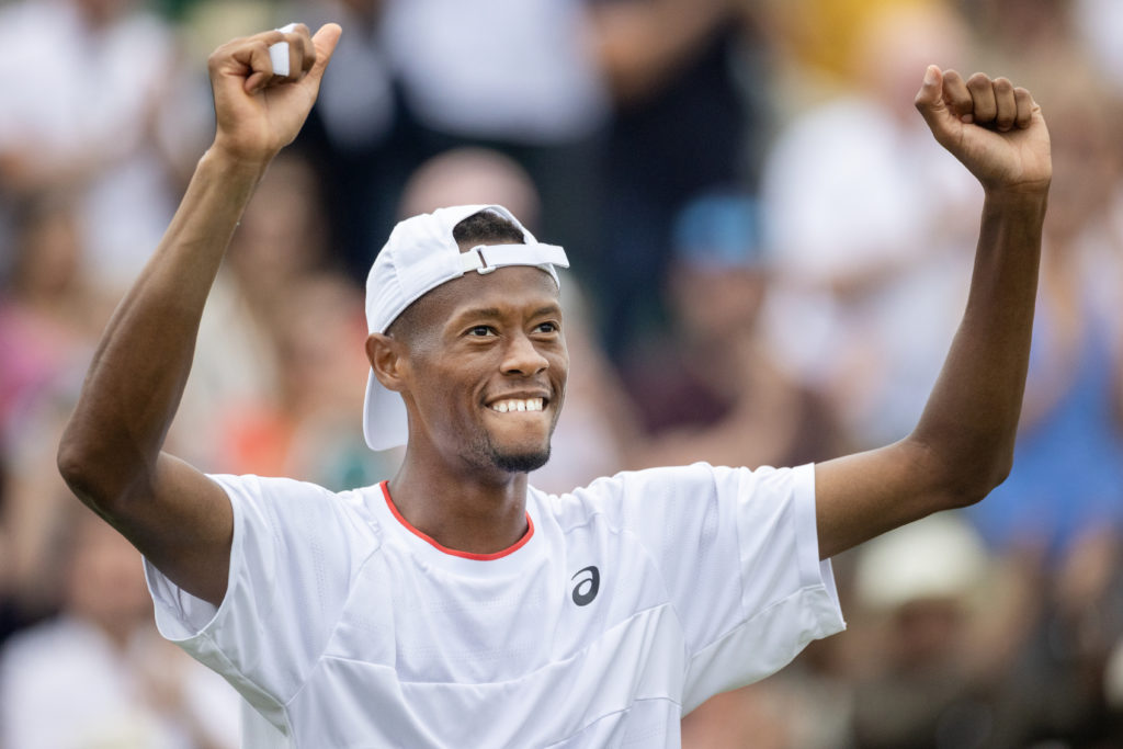 LONDON, ENGLAND - JULY 10.  Christopher Eubanks of the United States celebrates his five-set victory against Stefanos Tsitsipas of Greece in the Ge...