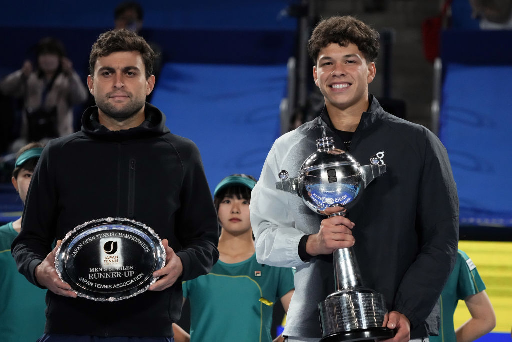 Ben Shelton of the United States poses with the trophy after defeating Aslan Karatsev of Russia
their singles in the finals during day seven of the...