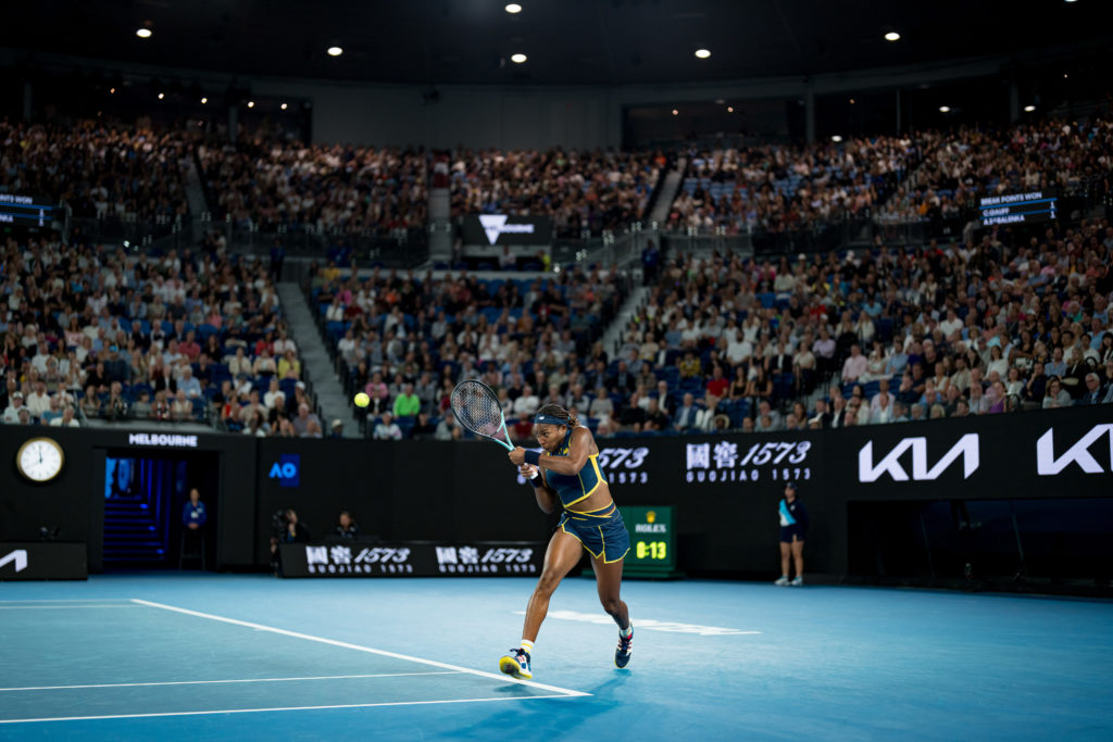 Coco Gauff of the United States plays a backhand in their semifinals singles match against Aryna Sabalenka on day twelve of the 2024 Australian Ope...