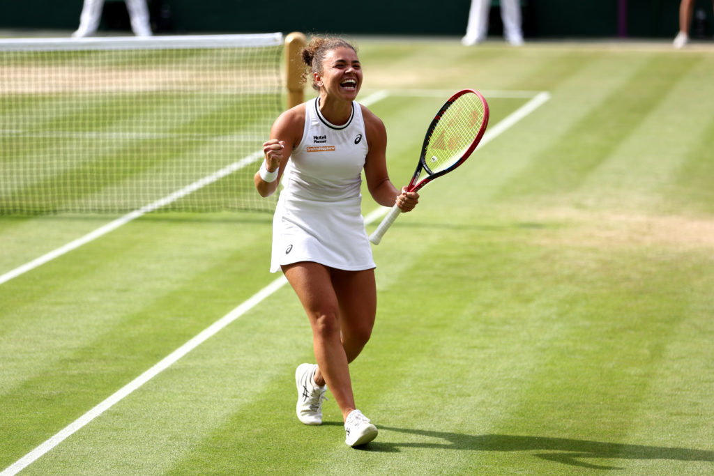 Jasmine Paolini of Italy celebrates winning match point as she plays against Donna Vekic of Croatia in the Ladies' Singles Semi-Final match during ...