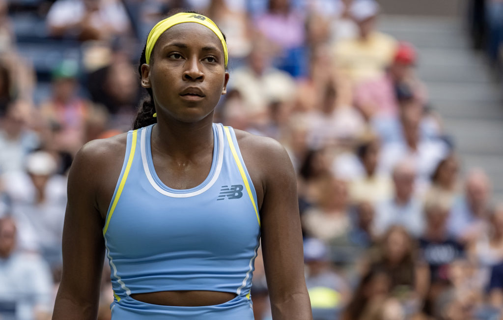 Coco Gauff of the United States looks frustrated before returning serve against Emma Navarro of the United States during their fourth round match o...