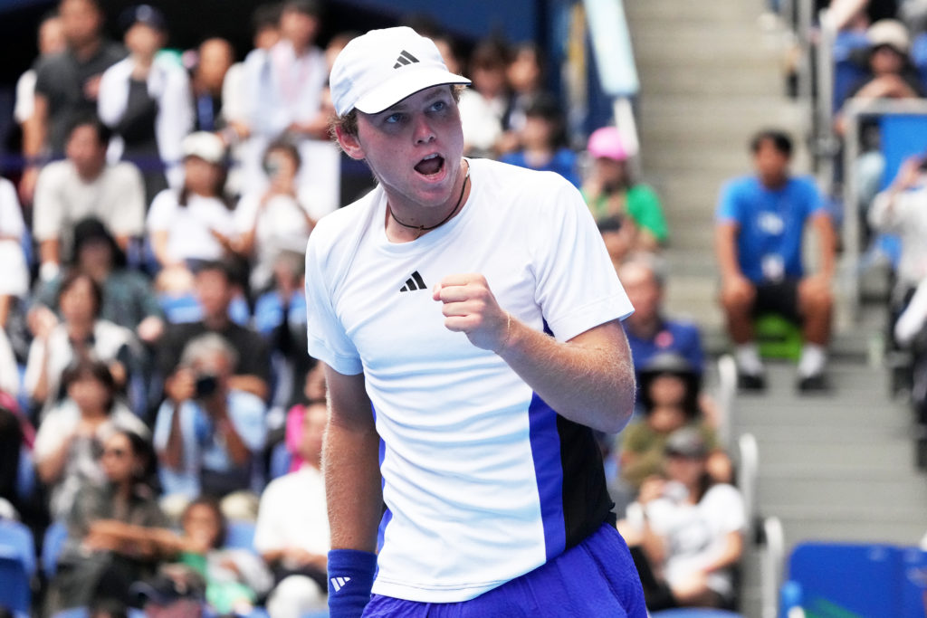 Alex Michelsen of the United States celebrates winning match point against Christopher O'Connell of Australia in the men's singles round of 16 matc...