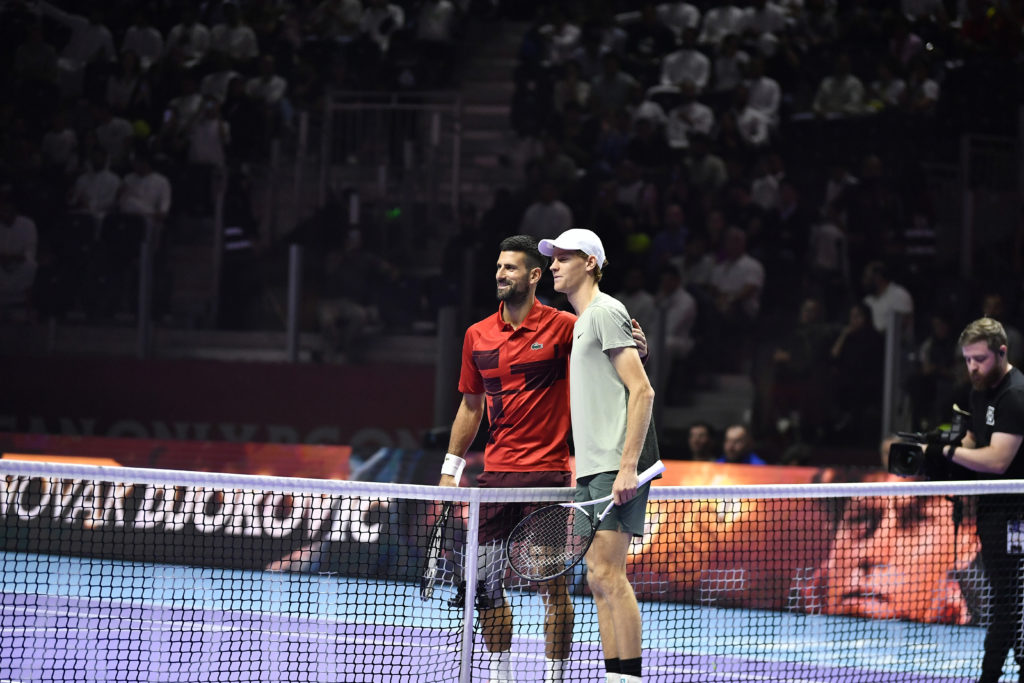 Novak Djokovic and Sinner Jannik pose for a photo during semi-final tennis match in the 'Six Kings Slam' exhibition tournament in Riyadh, Saudi Ara...