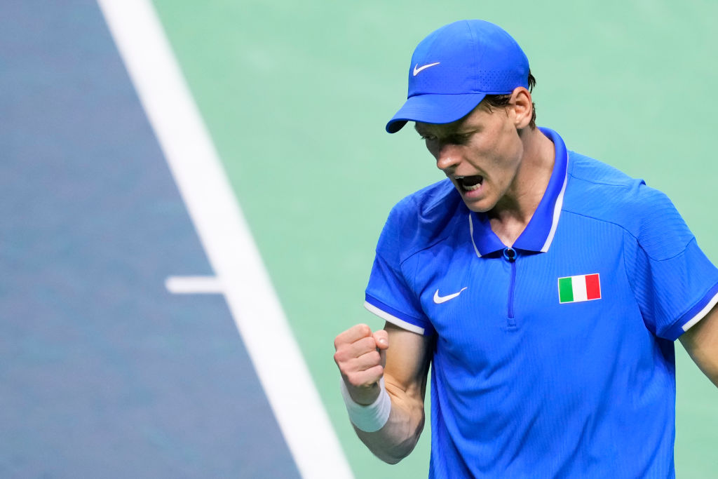 Jannik Sinner of Team Italy celebrates the victory after winning his singles match against Alex de Minaur of Team Australia during the Semi-Final t...