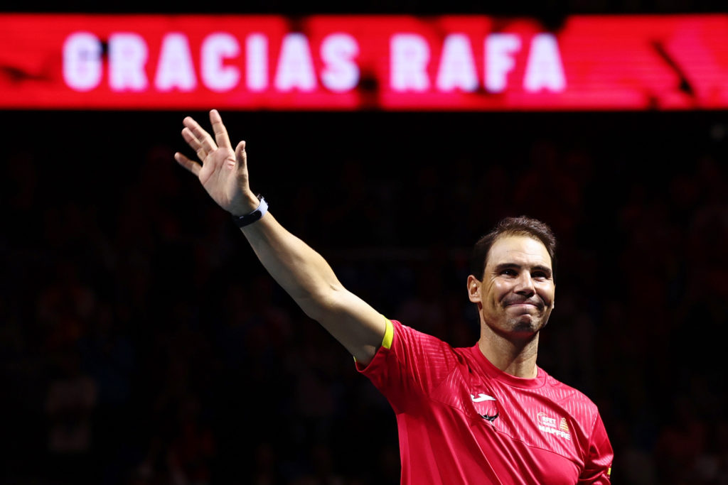 Rafael Nadal of Team Spain waves to fans following his retirement speech following the quarterfinal tie between Netherlands and Spain during the Da...