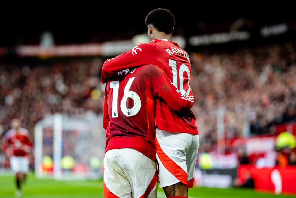 Marcus Rashford of Manchester United celebrates scoring his teams third goal with team mate Amad Diallo of Manchester United during the Premier Lea...