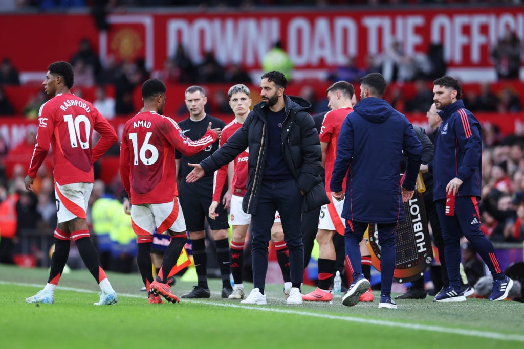 Ruben Amorim, Head Coach of Manchester United, reacts with Amad Diallo of Manchester United during the Premier League match between Manchester Unit...