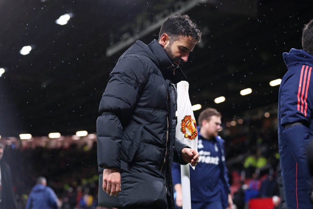 Ruben Amorim the manager of Manchester United looks dejected after the Premier League match between Manchester United FC and Nottingham Forest FC a...