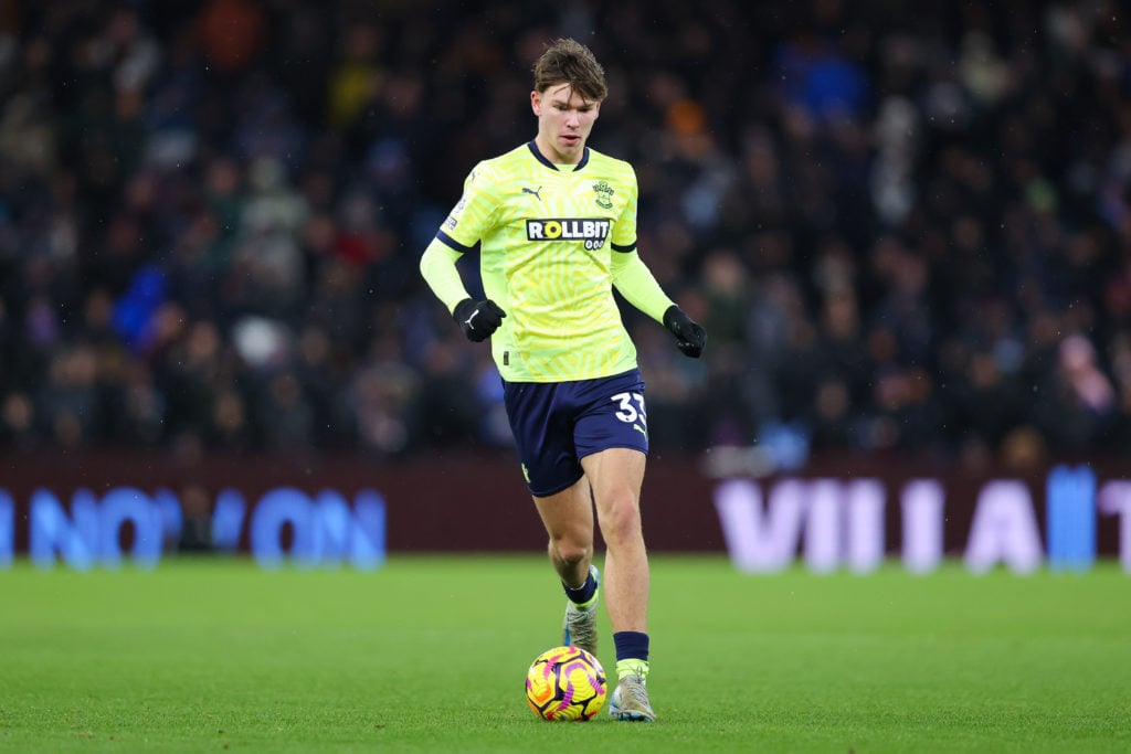 Tyler Dibling of Southampton during the Premier League match between Aston Villa FC and Southampton FC at Villa Park on December 07, 2024 in Birmin...