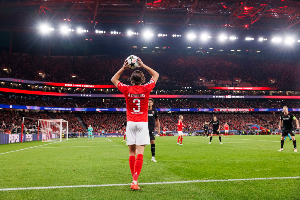 Álvaro Carreras of SL Benfica serves the ball during the UEFA Champions League 2024/25 League Phase MD6 match between SL Benfica and Bologna FC 190...